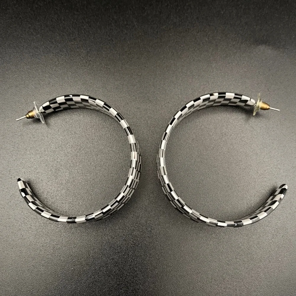 Vintage Hoop Earrings Black White Checkerboard Acrylic Retro Large 2.25